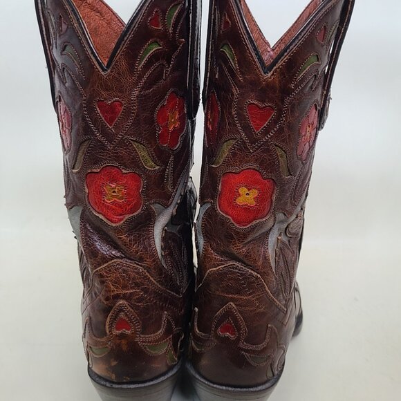 Vtg Dan Post Brown Pointed Toe Boots 6.5 Embroidered Flowers Bluebirds Hearts - Picture 5 of 15